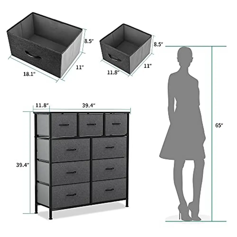 Tour de rangement de commode en tissu, cadre en acier, dessus en bois, bacs à nervures faciles, organiser l'espace, 9 portes de proximité