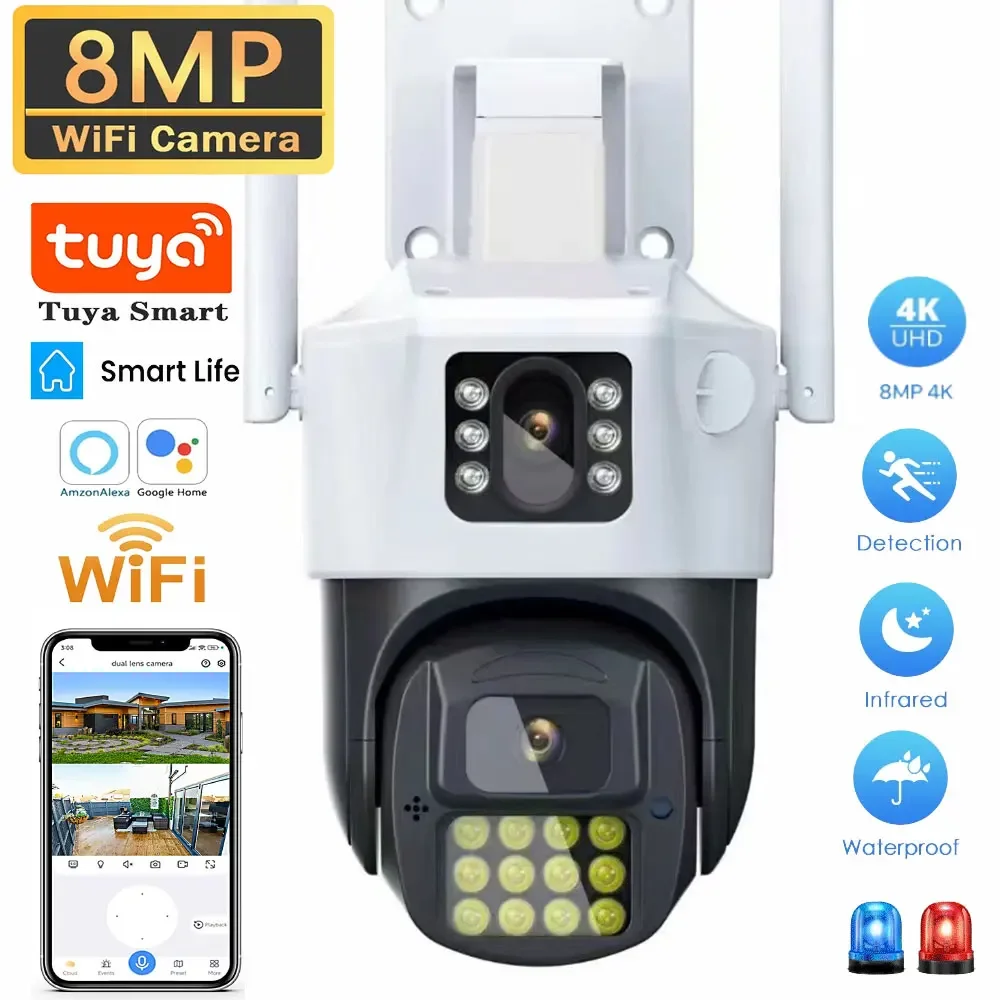 

8MP Outdoor Dual Len Tuya Camera PTZ Wifi 4K HD Dual Screen Color Night Vision Security Camera Video Audio Surveillance Cámaras