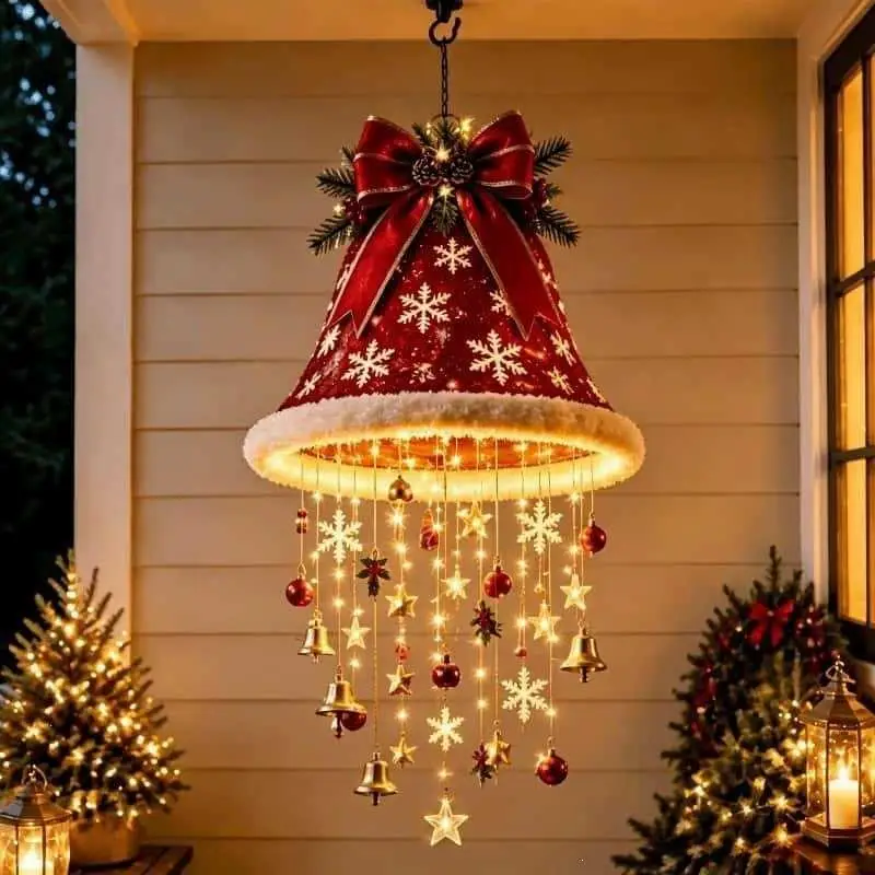Christmas Santa Hat Hanging Light LED Lamp With Star Tassel Pendants Winter New Year Party Home Wall Ceiling Decor Ornament