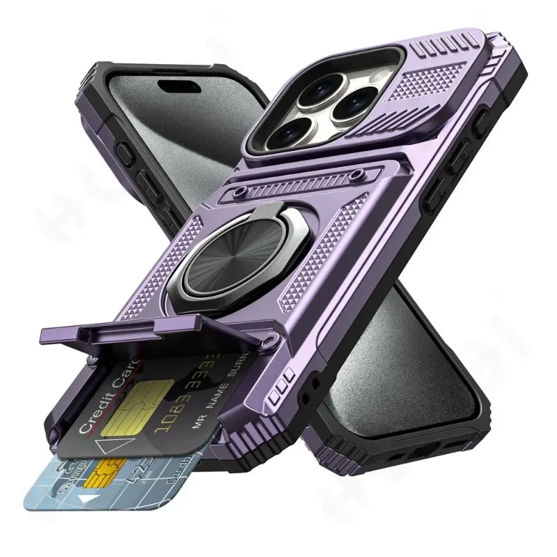 Militaire kwaliteit hoesje voor iPhone 11 13 14 15 16 Pro Max met magnetische draaibare ringstandaard, heavy-duty valbescherming en portemonnee-functie