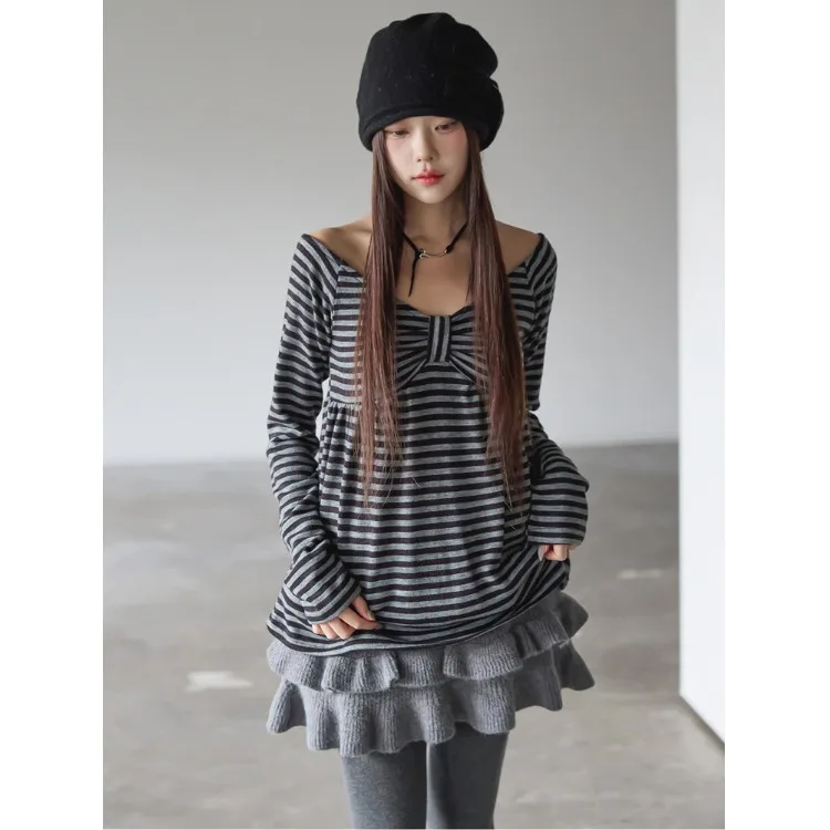 

Spring New Style Korean Style Long Sleeve Knot Shoulder Bared Mid-Length Striped Women's Top Casual Streetwear