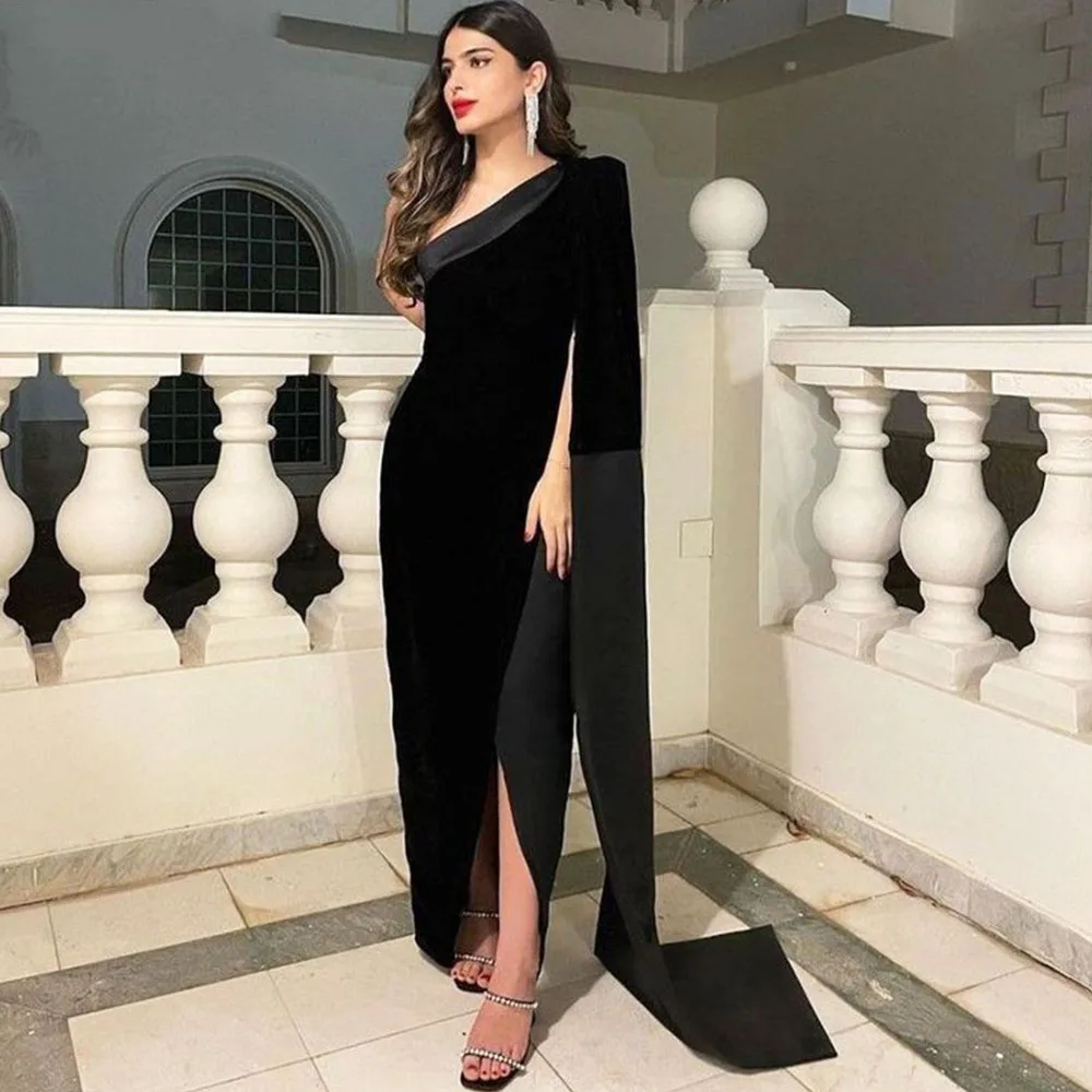 فساتين حفلات عصرية سوداء بكتف واحد وأكمام طويلة للنساء بطول الأرض فستان رسمي للحفلات المسائية
