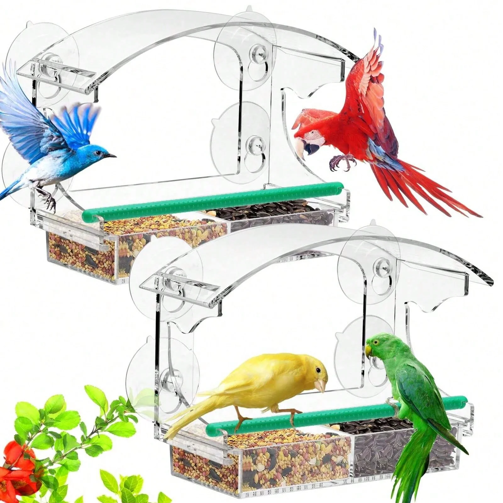 Clear Acrylic Window Bird Feeder 4 Strong Suction Cups Detachable Seed Tray Eco-Friendly Water Resistant Highly Transparent Bird