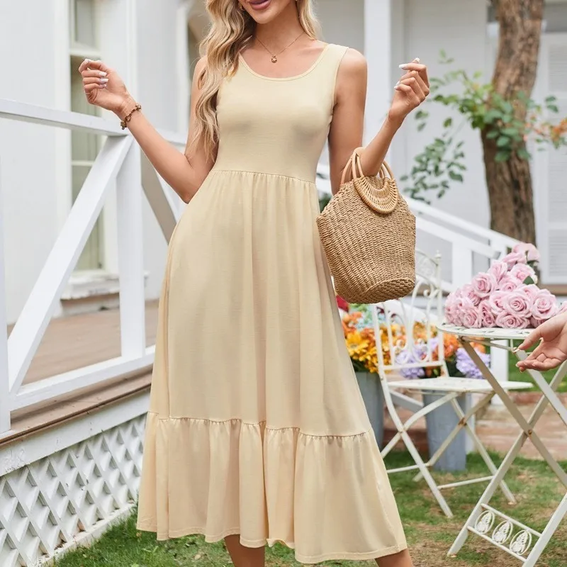 Abito casual con bretelle a pieghe Abito da donna elegante con scollo quadrato Una linea di abiti lunghi con canotta Abito estivo da spiaggia in tinta unita