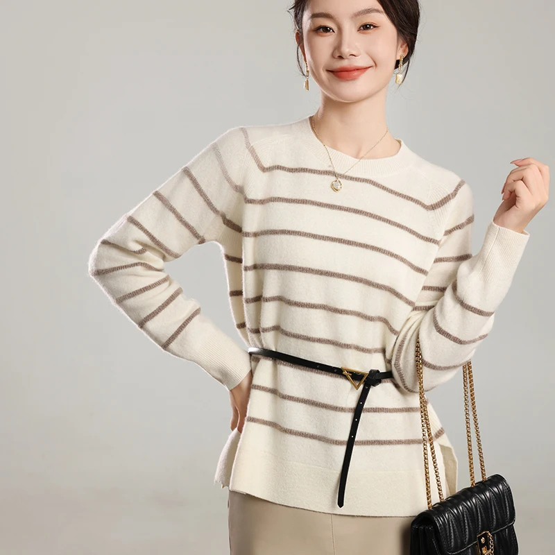 Round neck striped sweater Autumn/Winter 100% Merino wool casual thick knit sweater Loose cashmere Tops Women Blouse