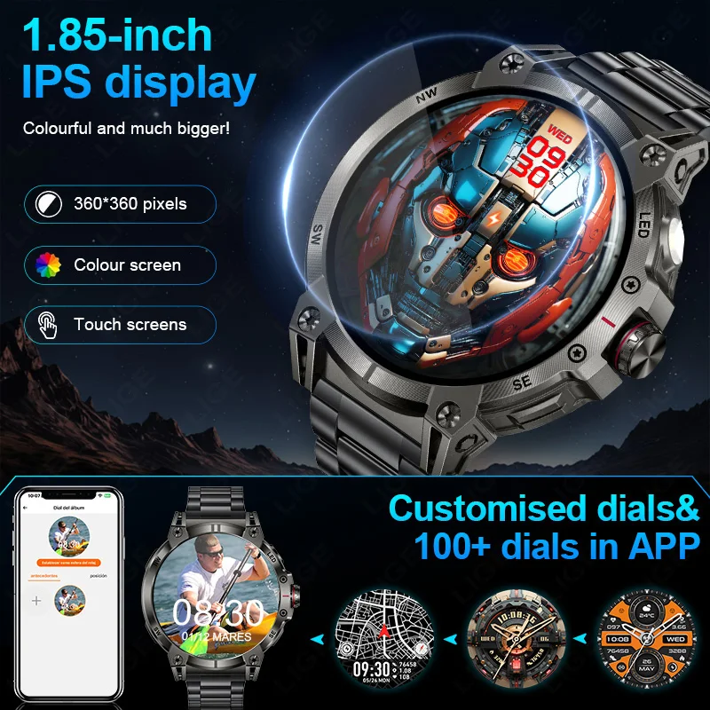 Military Smart Watch Men 760mAh Large Battery Flashlight Compass 1.85