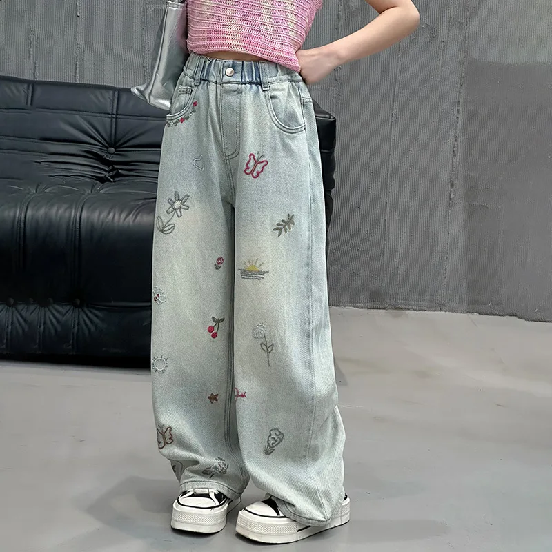 New Spring Girls Jeans Kids Denim Pants Loose Jeans for Teen Girls Wide Leg Pants 6 - 14 Years Elastic Waist Children Trousers