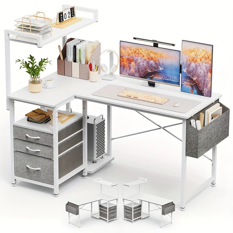 

1set L-Shaped Computer Desk, Modern Simple Style, Reversible With Storage Shelves, 3 Fabric Drawers, Side Pouch