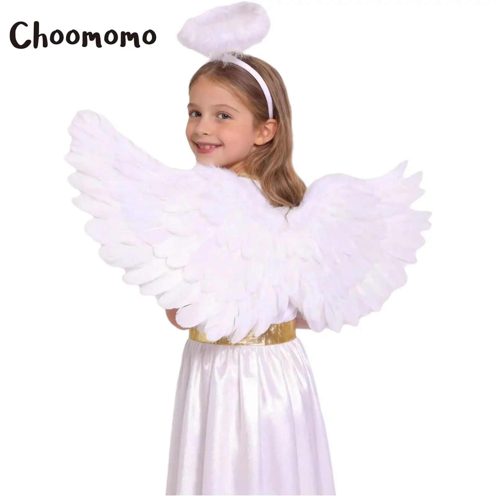 

Girls White Angel Costume Long Sleeve Angel Dress with Feather Wings Hair Hoop Set for Halloween Princess Greek God Robe Dresses