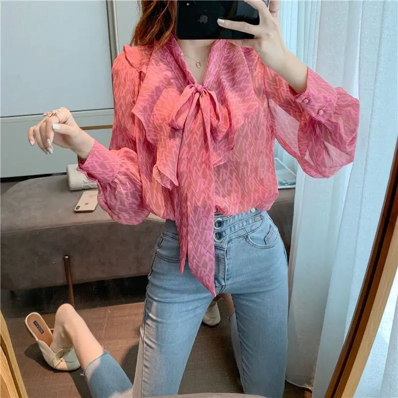 Spring Autumn New Fashion Sweet Women\'s Ruffled Neck Long Sleeved Drawstring Printed Bow All-match Pullover Chiffon Shirts Tops