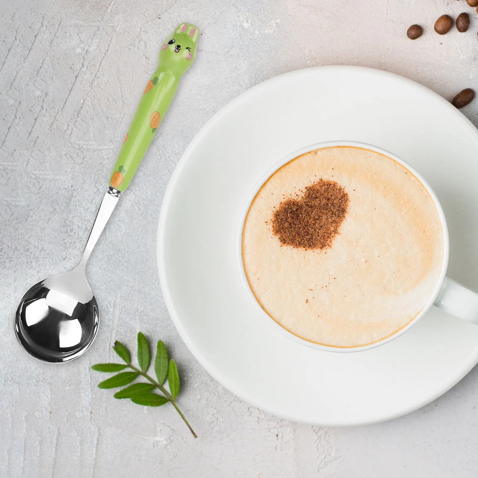 

4 шт., десертные ложки с керамической ручкой в виде милого кролика, прочные маленькие ложки из нержавеющей стали для смешивания мороженого, кофе, торта, кофе