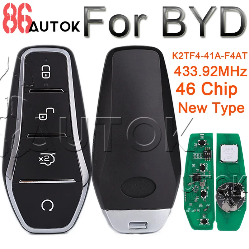 Chave remota inteligente do carro, 433.92MHz, chip ID46 para BYD Qin PLUS DM-i Qin Plus EV Yuan PLUS SONG, Keyless Go, K2TF4-41A-F4AT