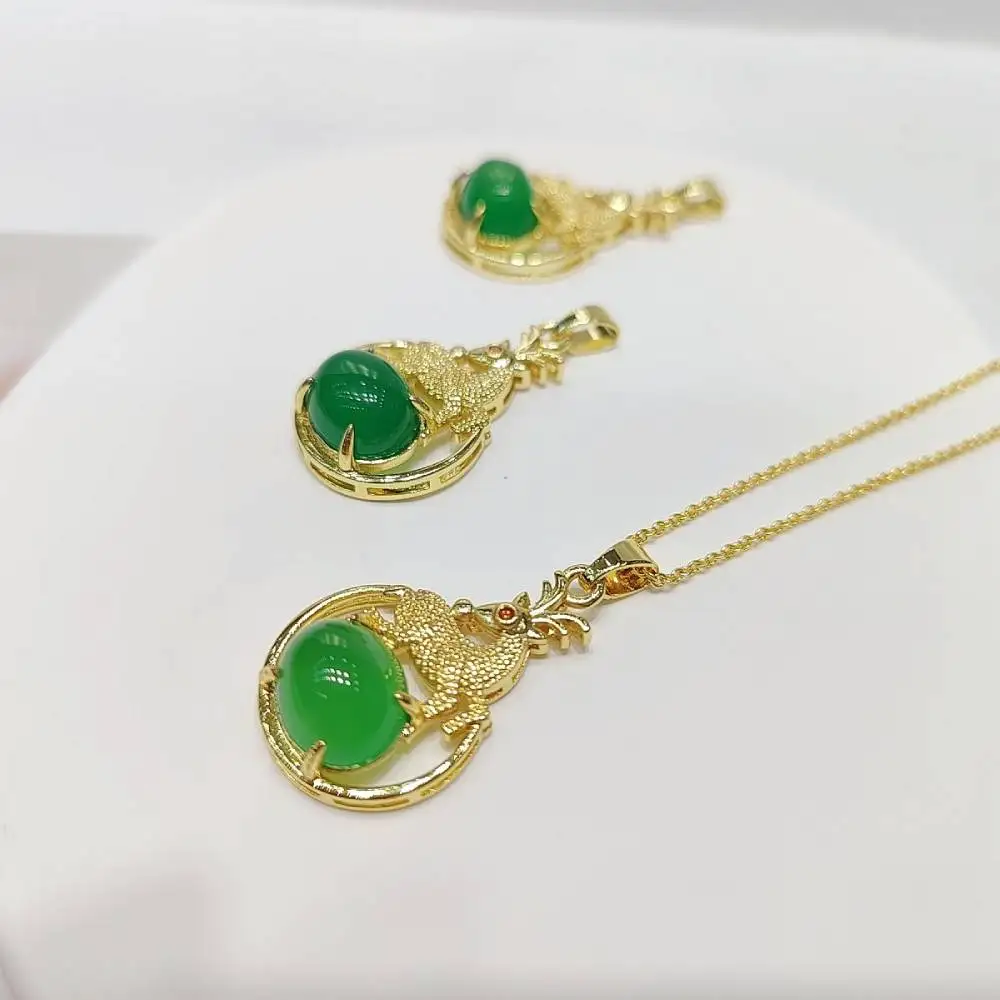 Copper Inlaid Chrysoprase pendants Natural Jade Chalcedony Deer Pendant Necklace Fashion Women Charms Jewellery Gifts