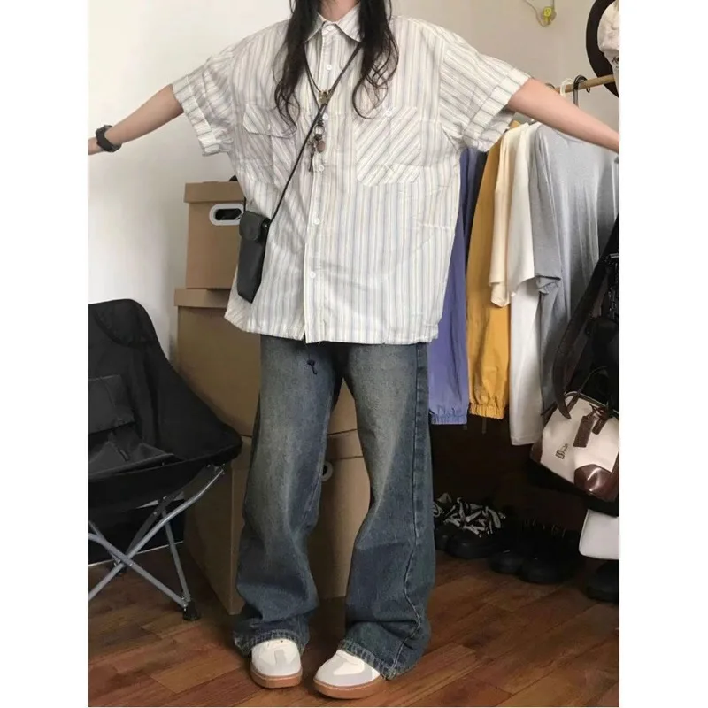 Stripe Oversized Short Sleeve Shirt Woman Japanese Vintage Button Up Blouses Summer Harajuku Fashion Casual Korean Style