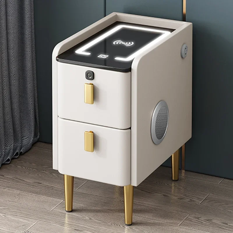 Multifunctional Fingerprint Nightstands Lamp Lock White Low Smart Bedside Table With Wireless Charger Nachttisch Home Furniture