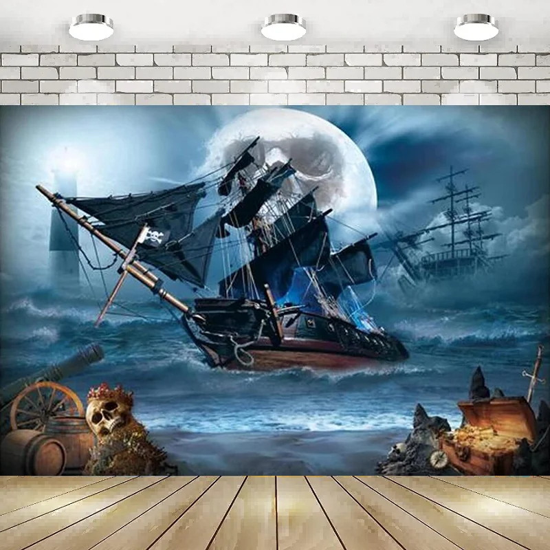 Pirate Theme Photography Backdrop Nautical Adventure Background Seascape Sailing Ship Treasure Decor Horror Halloween Banner