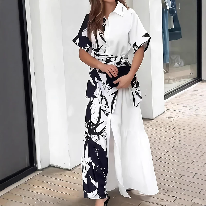 새로운 배색 레이스업 셔츠 드레스 패션 라펠 반팔 프린트 드레스 여름 신상 여성 출근룩 롱 드레스