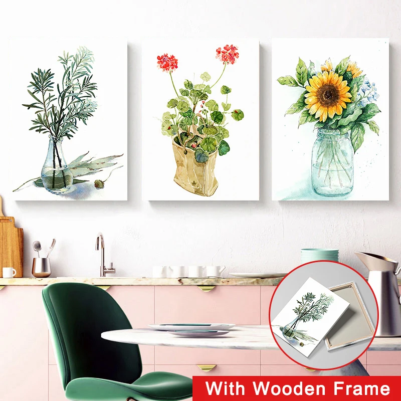 

Framed Watercolor Plant Flowers Canvas Paintings Sunflower Botanical Leaves Poster Decorative Picture for Living Room Home Decor