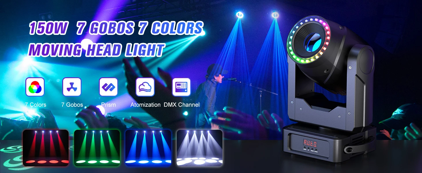 Yiflamefly 150W LED Moving Head DJ-Licht 7 Farben+7 Gobos+3 Prismen RGBW DMX Bühnenlicht für Bar, Disco, Hochzeit, Party, Konzertbeleuchtung – Detail 1