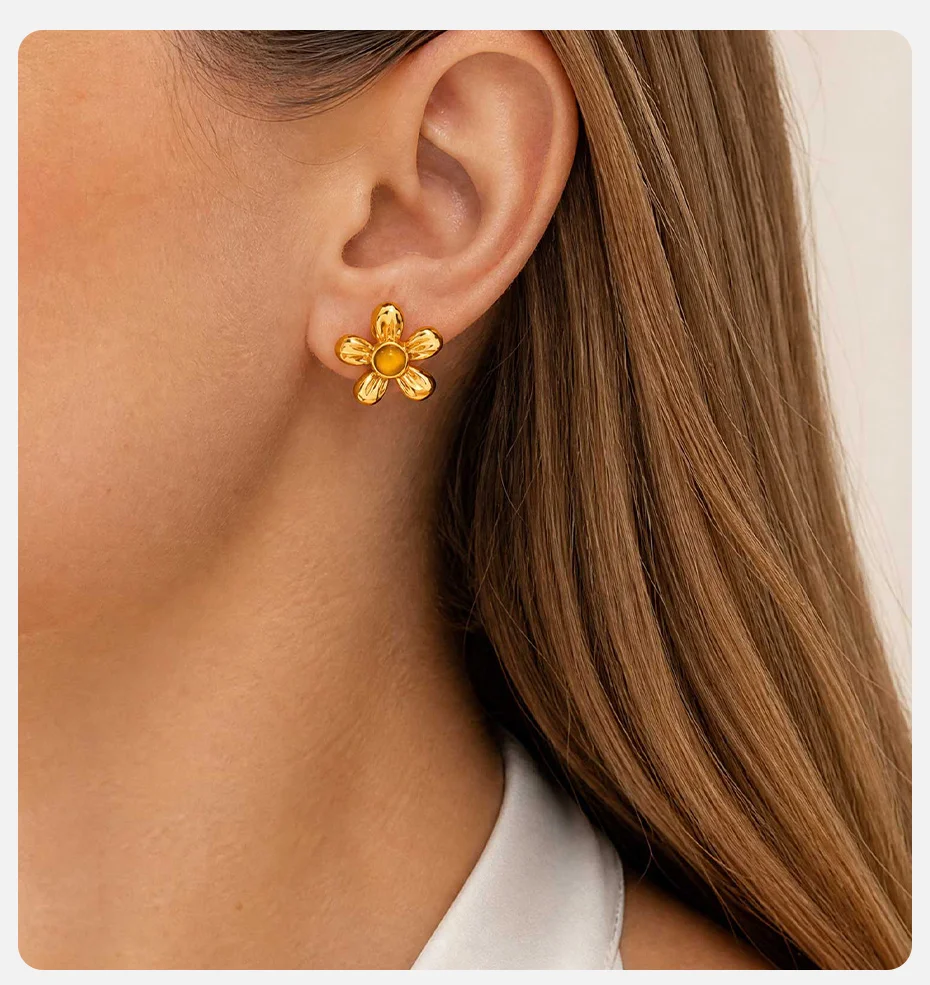Vnox Trendige Minimalistische Vergoldete Gelbe Kristallblumen-Ohrringe aus Edelstahl, Florale Ohrringe für Party, Alltag und Hochzeit. – Detail 2