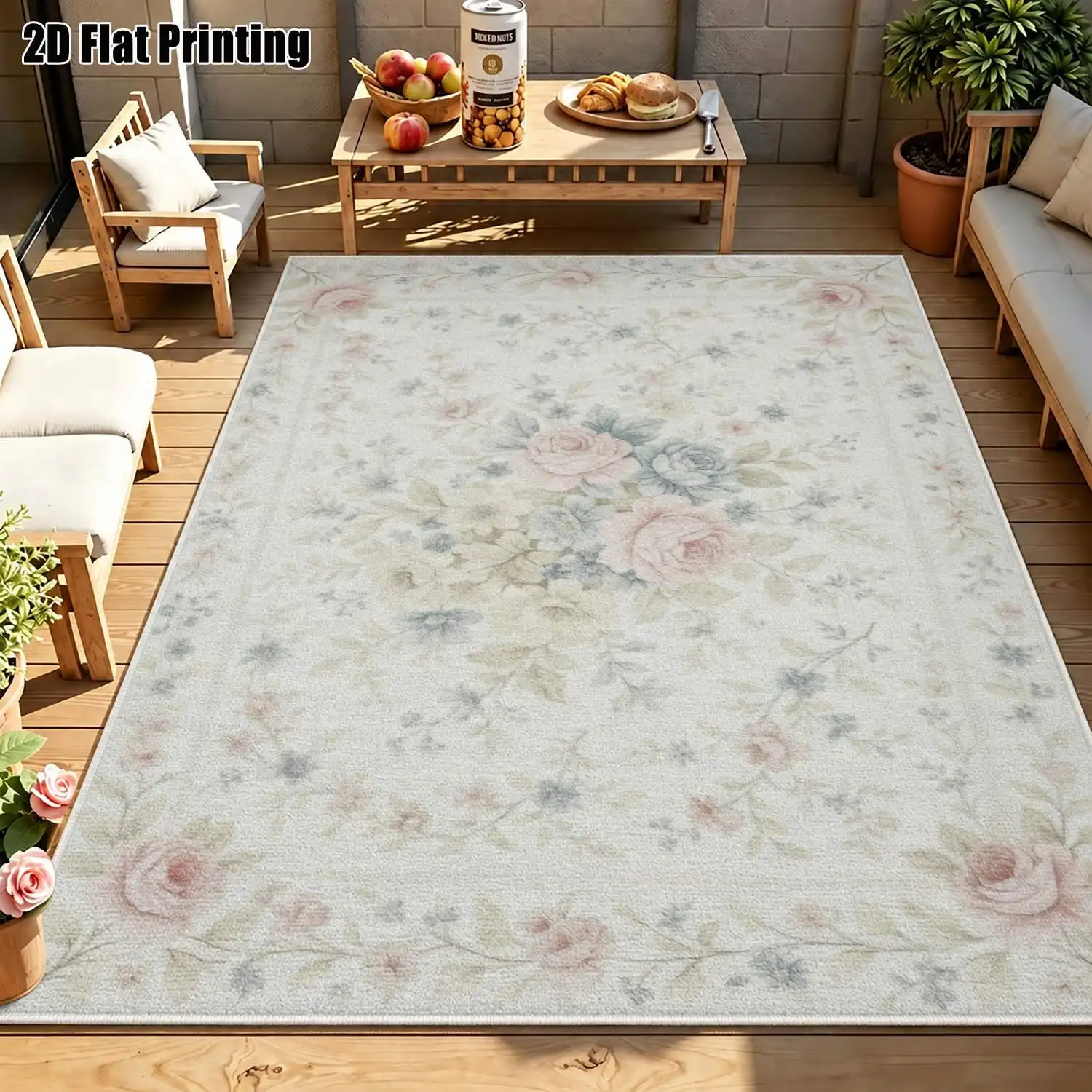 1Pc 2D Printed Pink-Blue Floral Velvet Carpet, Multi-Style, Multi-Size, Machine Washable, for Home Decor & Multi-Scenes