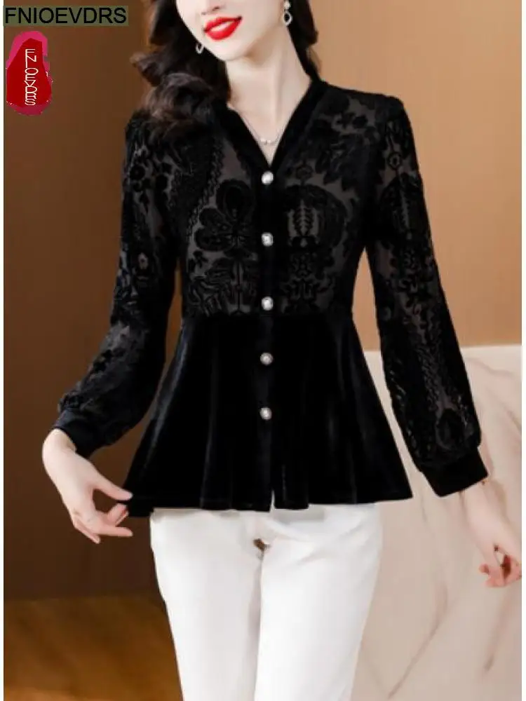 S-3XL 2023 Women French Design Long Sleeve Elegant Office Lady Work Basic Button Shirt Casual Slim Black Lace Peplum Tops Blouse