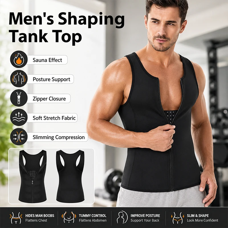 Men Slimming Modeling Strap Belt Corset Vest Compression Shapewear Sauna Shirt With Zipper Belly Tummy Control Strap Vest