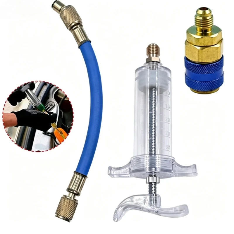 Injection Syringe Tool 1/4 Inch Low Side Quick Coupler Adapter 30ml Car A/C Oil/Dye Injector 1oz Automotive Air Conditioning