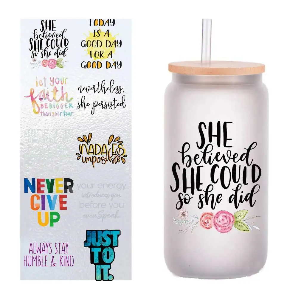 

10 four-inch cartoon English inspirational classical Chinese UV transfer stickers Crystal label glass stickers customized