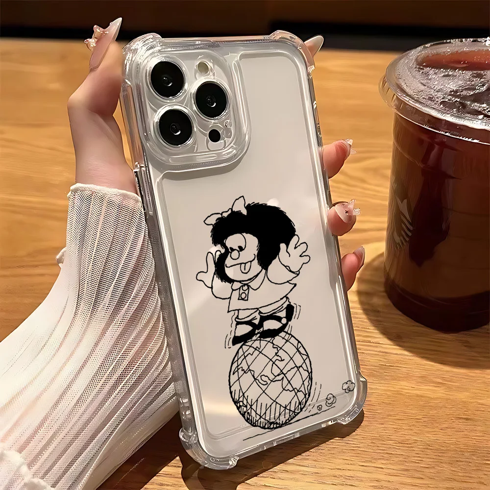 Cute Cartoon Bow Mafaldas Phone Case for IPhone 16 15 14 13 12 11 Mini Pro Max X XR XSMax 7 8 Plus Shockproof Transparent Cover