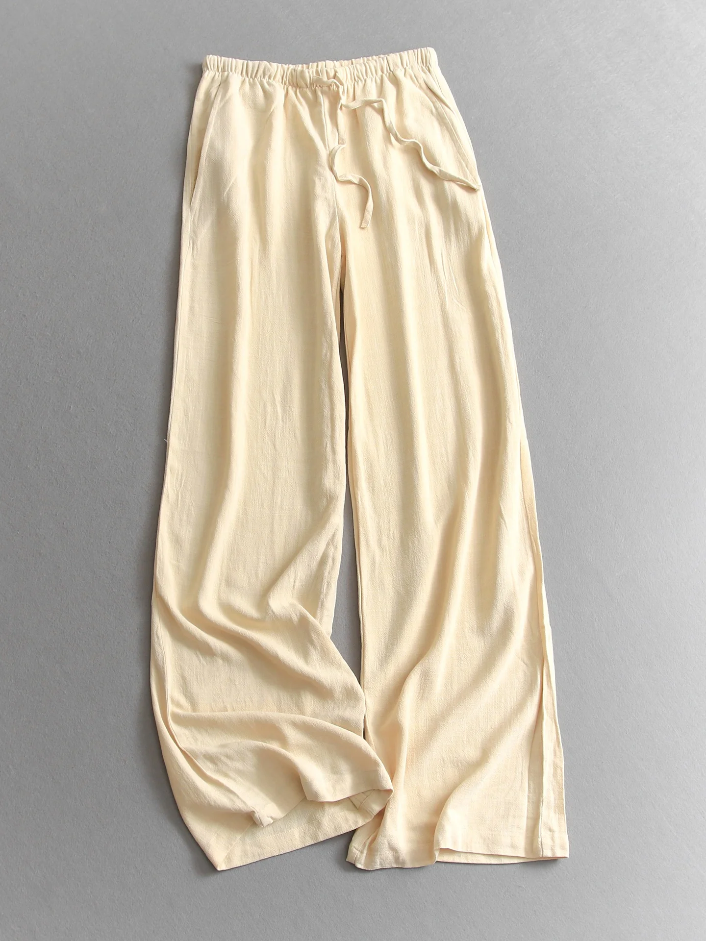 Linen Blend Drawstring Elastic Waist Loose Wide Leg Pants Women's Casual Trousers Straight Cut Breathable Cool Feeling