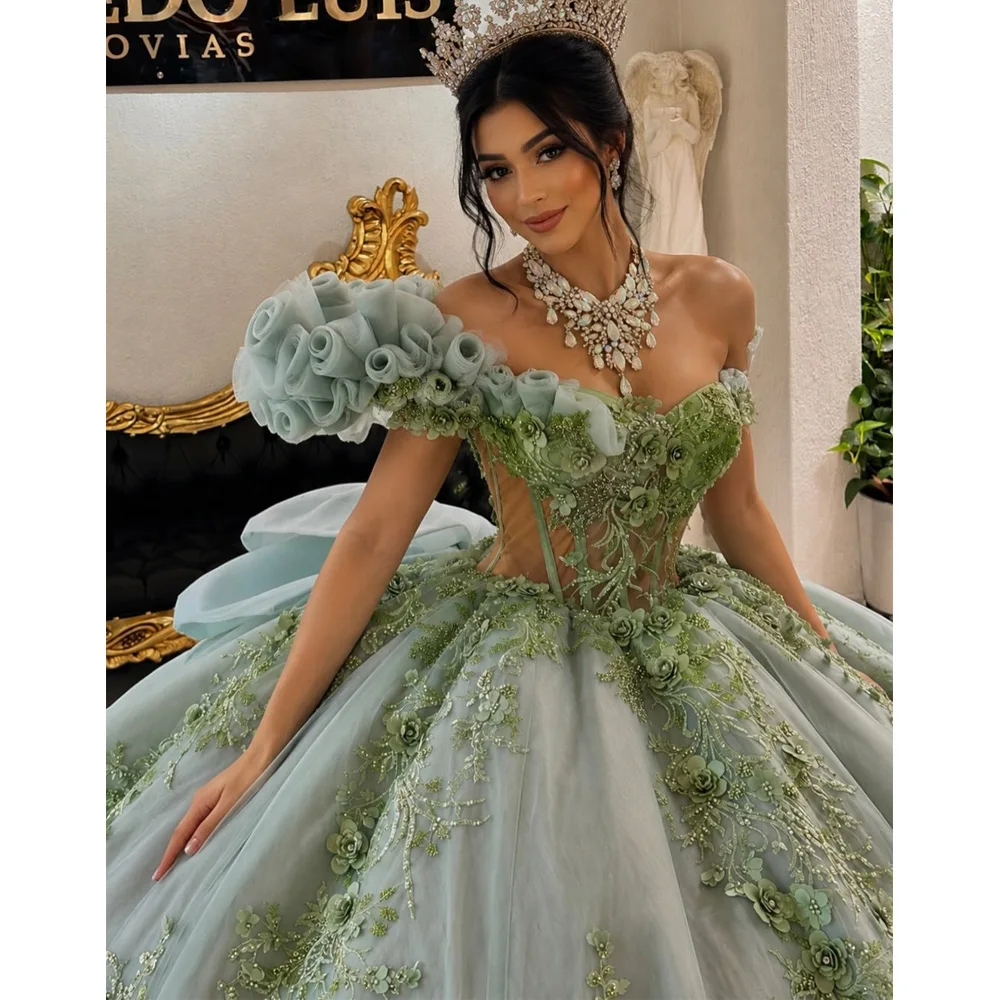 

Mint Green Quinceanera Dresses Ball Gown Off Shoulder Applique Flower Beading Crystals Party Birthday Sweet 16 Dress Customize