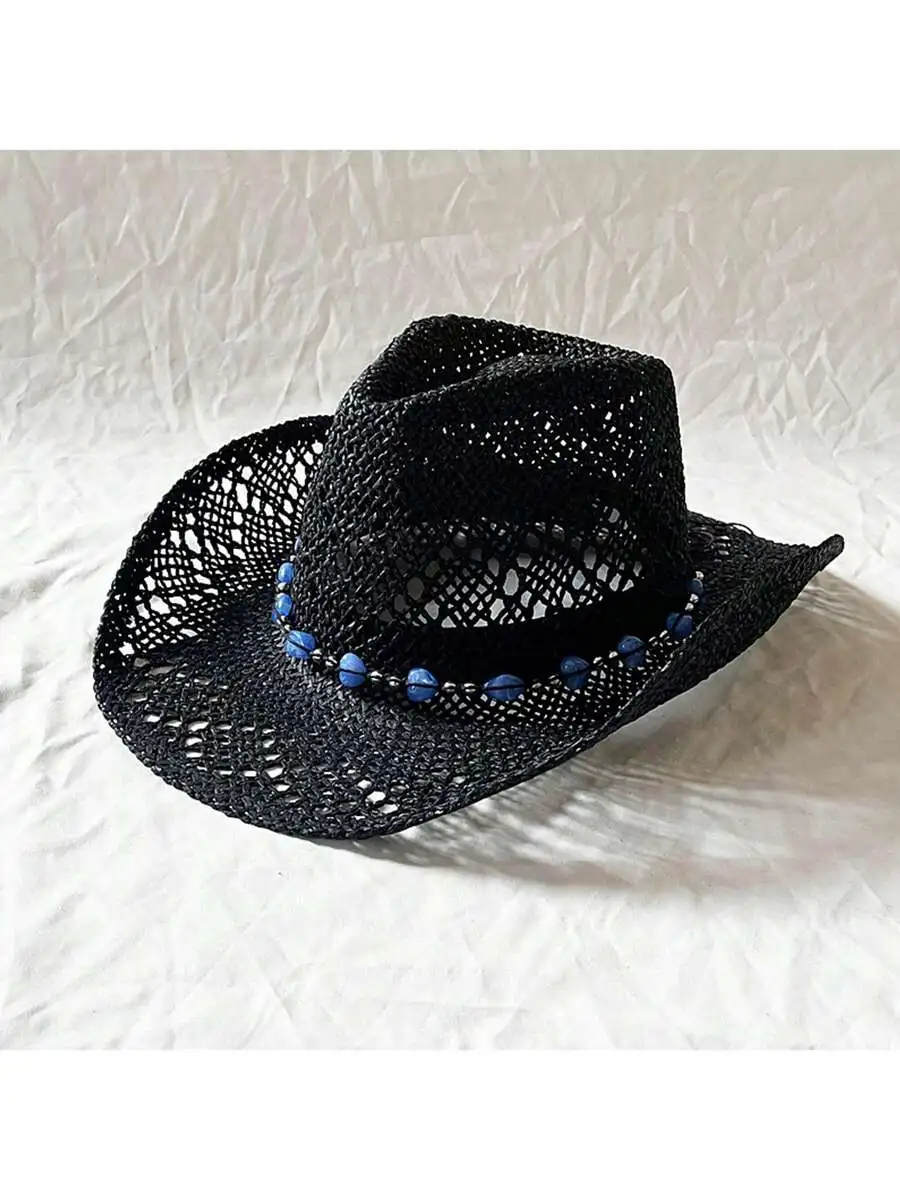 

Black Straw Cowboy Hat For Adults With Beaded Trim And Shapeable Brim