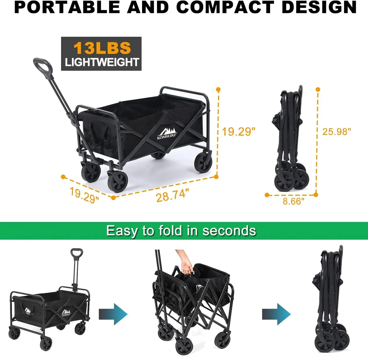 Foldable Utility Wagons Heavy Duty Folding Grocery Cart On Wheels, 200 Lbs Capacity With Side Pockets For Garden, Shopping,