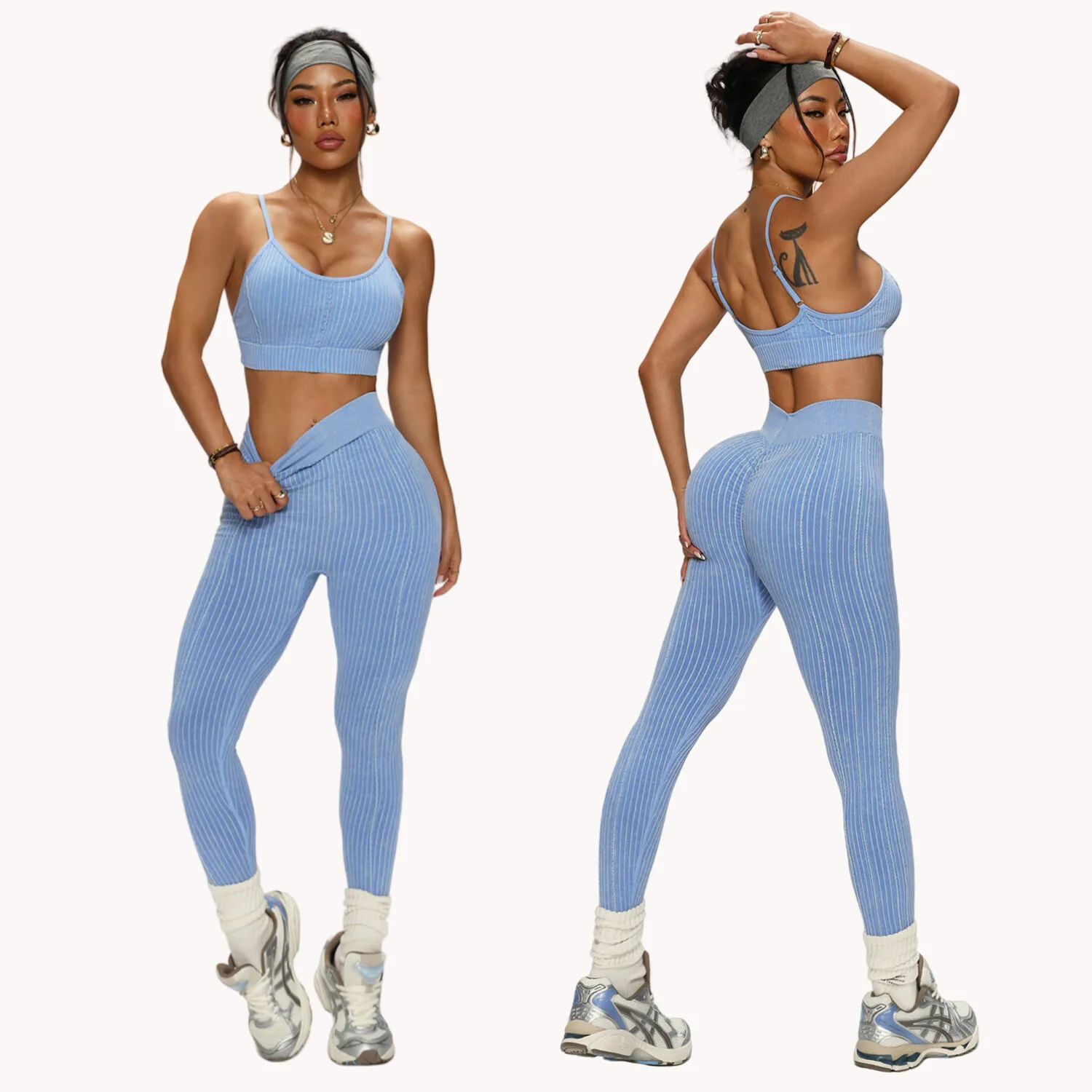 Women's Seamless Yoga Pants Set Sand Washed Sport Fitness Running Shockproof Vest Long Pants Two Piece Set Tight Clothes
