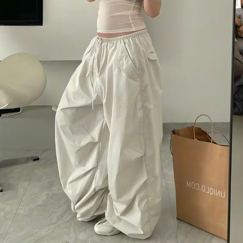

Deeptown Beige Oversized Women Parachute Pants Basic Wide Leg Jogging Korean Fashion Cargo Sweatpants Baggy Hip Hop Casual New