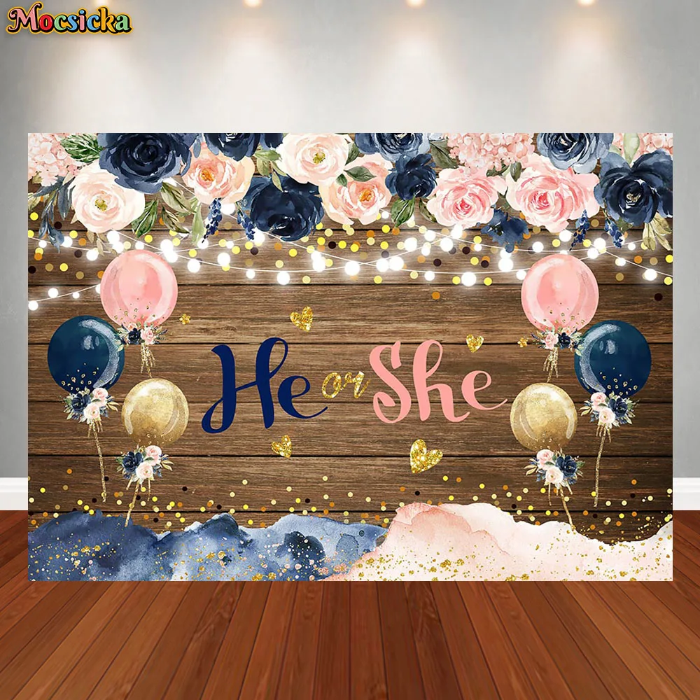 

He or She Gender Reveal Backdrop Wood Board Pink Blue Bow Tie Flower Bow Tie Baby Shower Portrait Photography Background