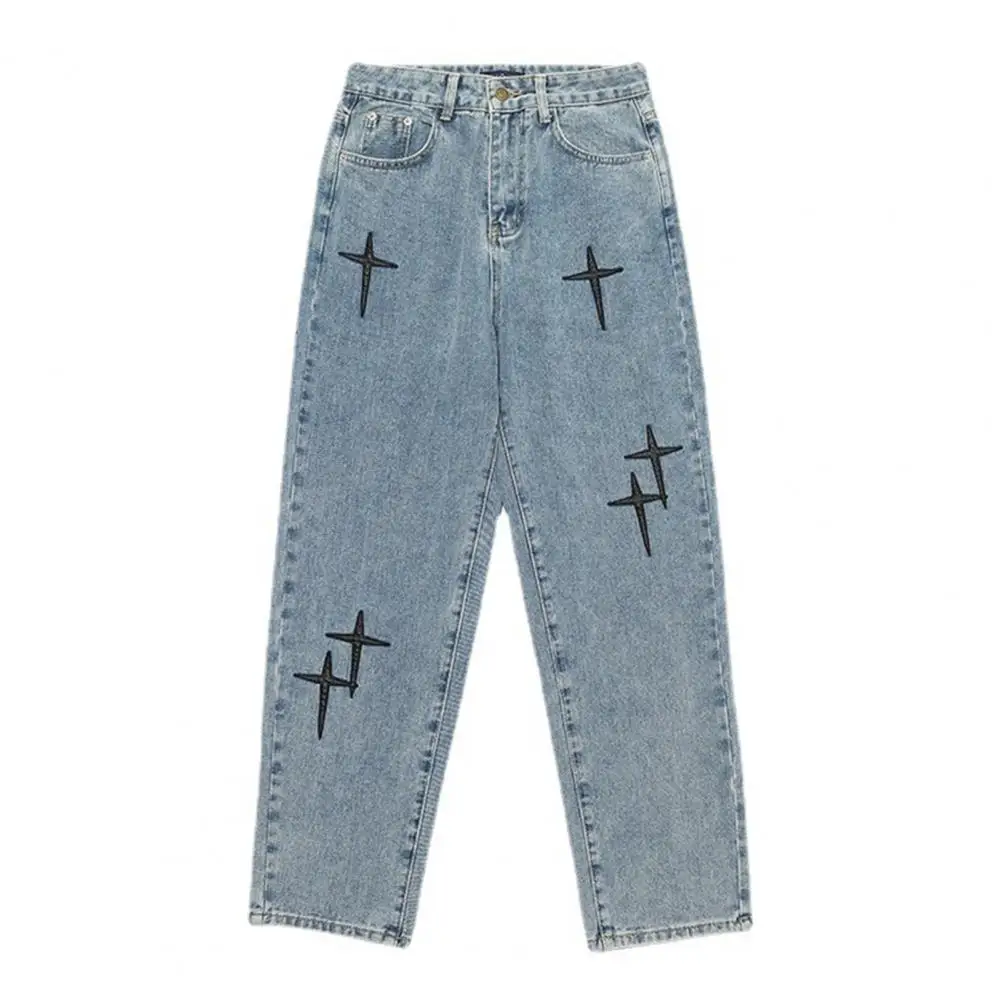 Wide Leg Cargo Pants Streetwear Baggy Men Jeans Spring Denim Pants Star Pattern Zipper Fly Straight Male Jeans Brand Clothing