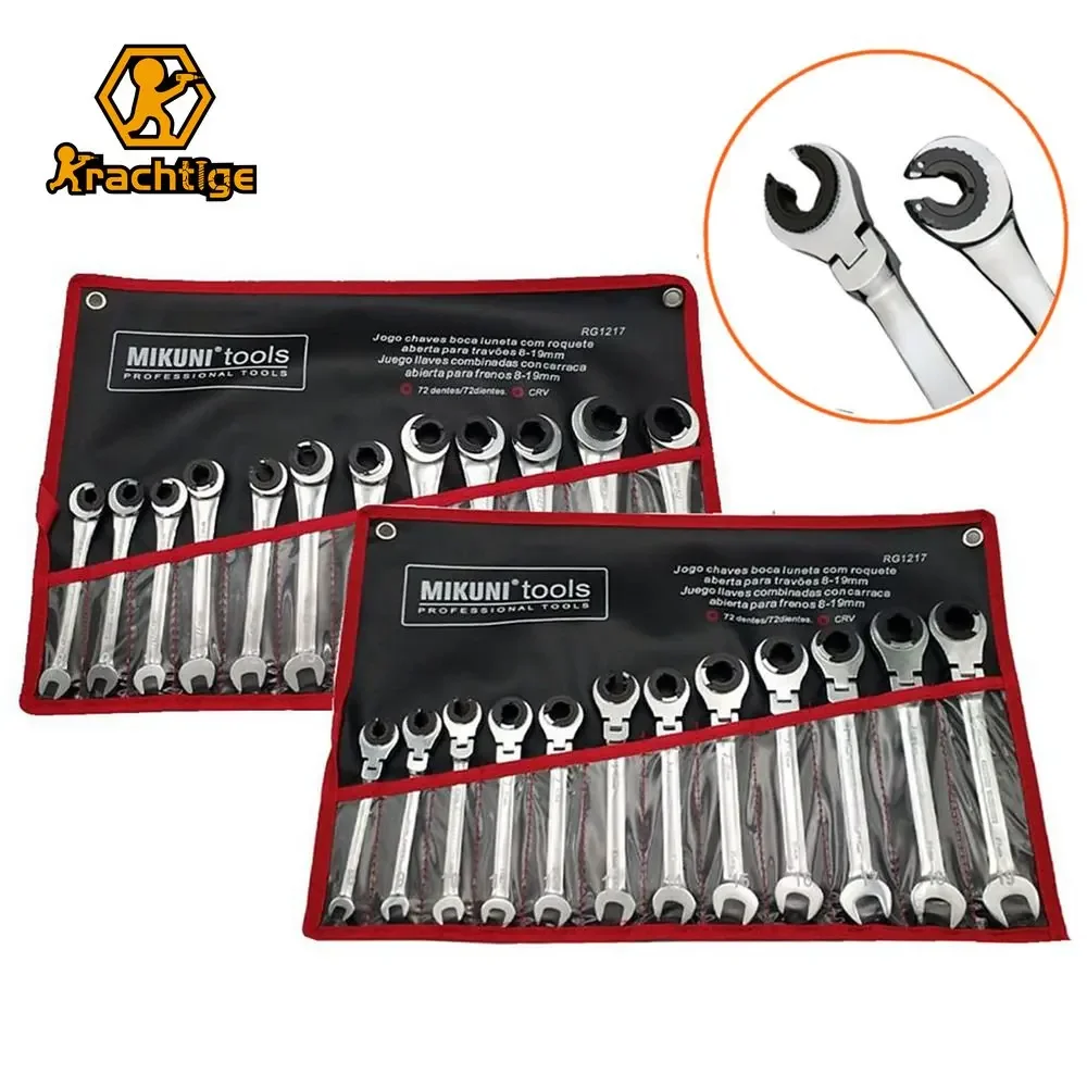 Krachtige 12PCS Gears Ring Wrench Tubing Ratchet Combination Wrenches Set with Open Flex-head 8-19 MM Oil Spanners Hand Tools