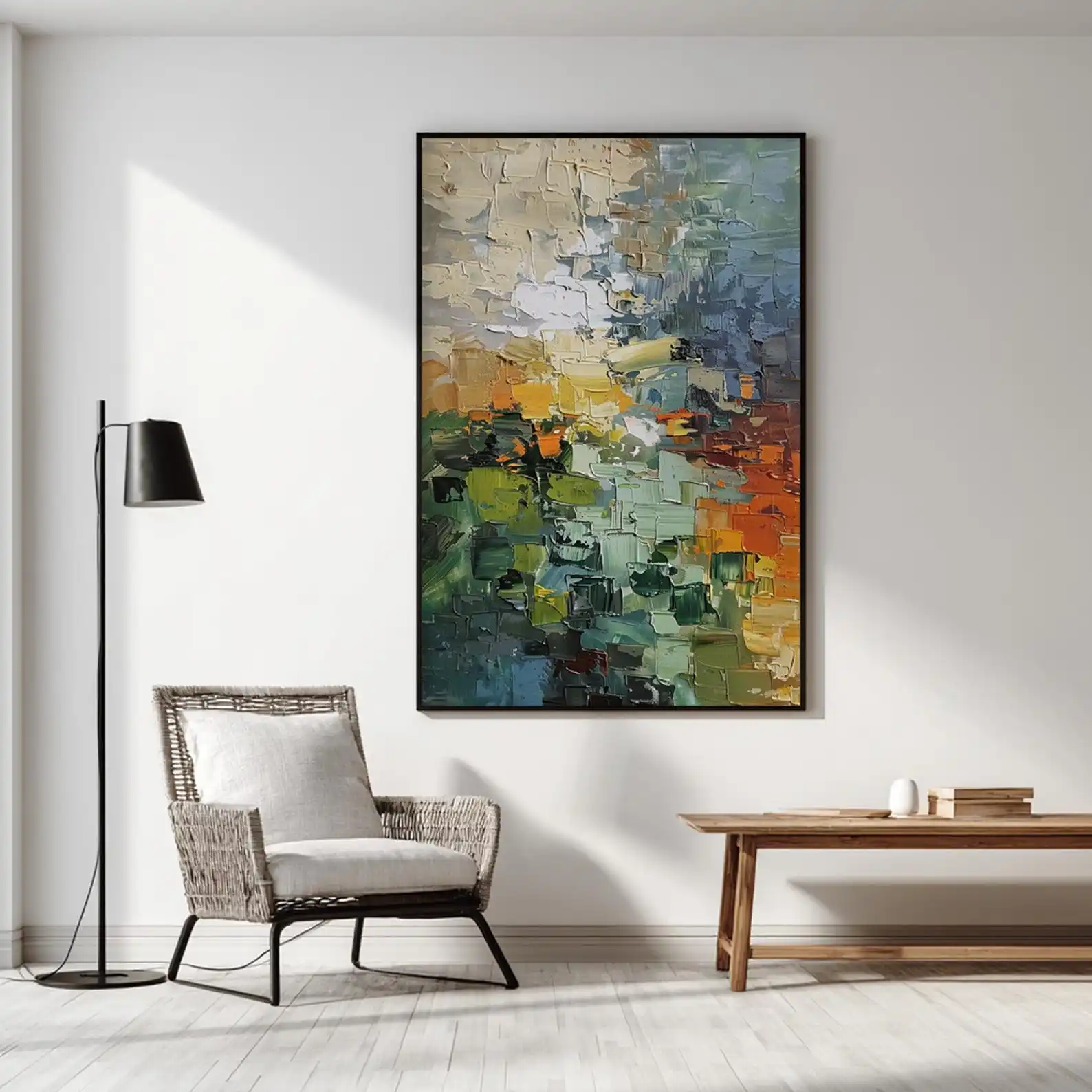 Mhemyo Textured Abstract Hand Painted Oil Painting Emerald Green Orange Art Modern Nature Inspired Wall Decor for Living Room