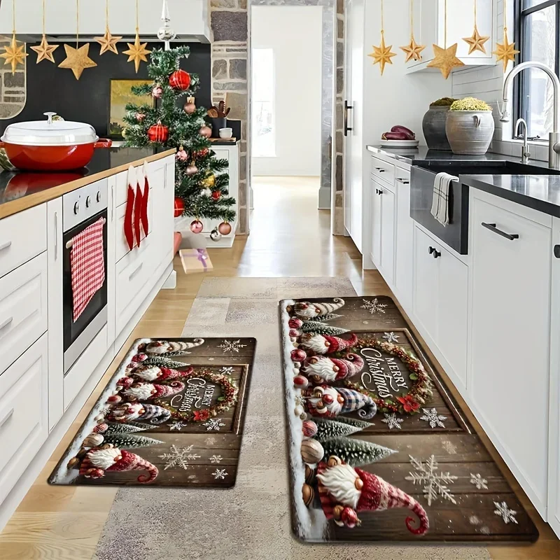 VIKAMA Christmas Flannel Kitchen Mat Four Gnomes Wreath Snowflake Xmas Tree Print Non Slip Rug For Kitchen Floor Dining Decor