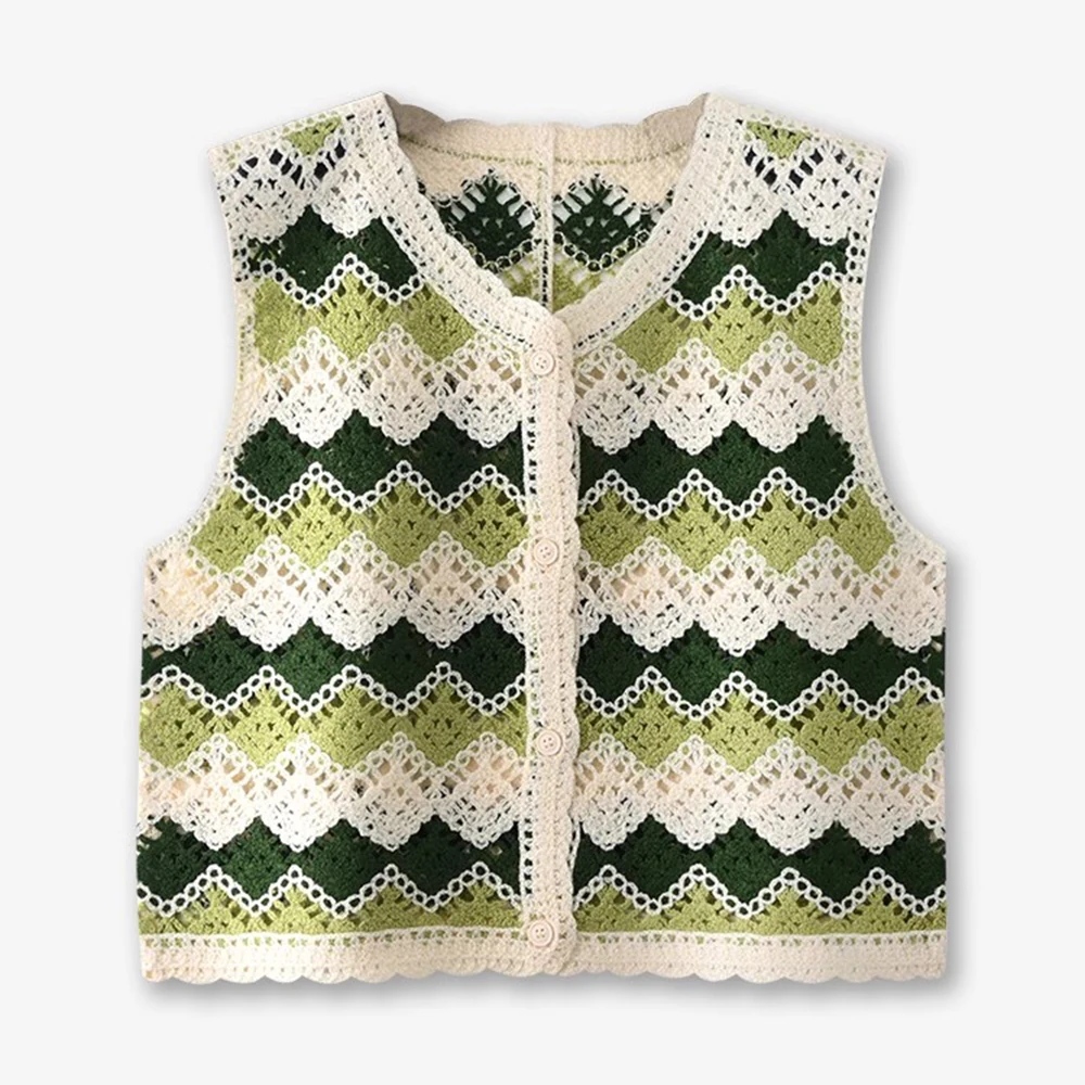 

Argyle Crochet Vest Button Front Sleeveless Open-Knit Waistcoat Vest Top Women Summer Boho Vacation Beach Outfit