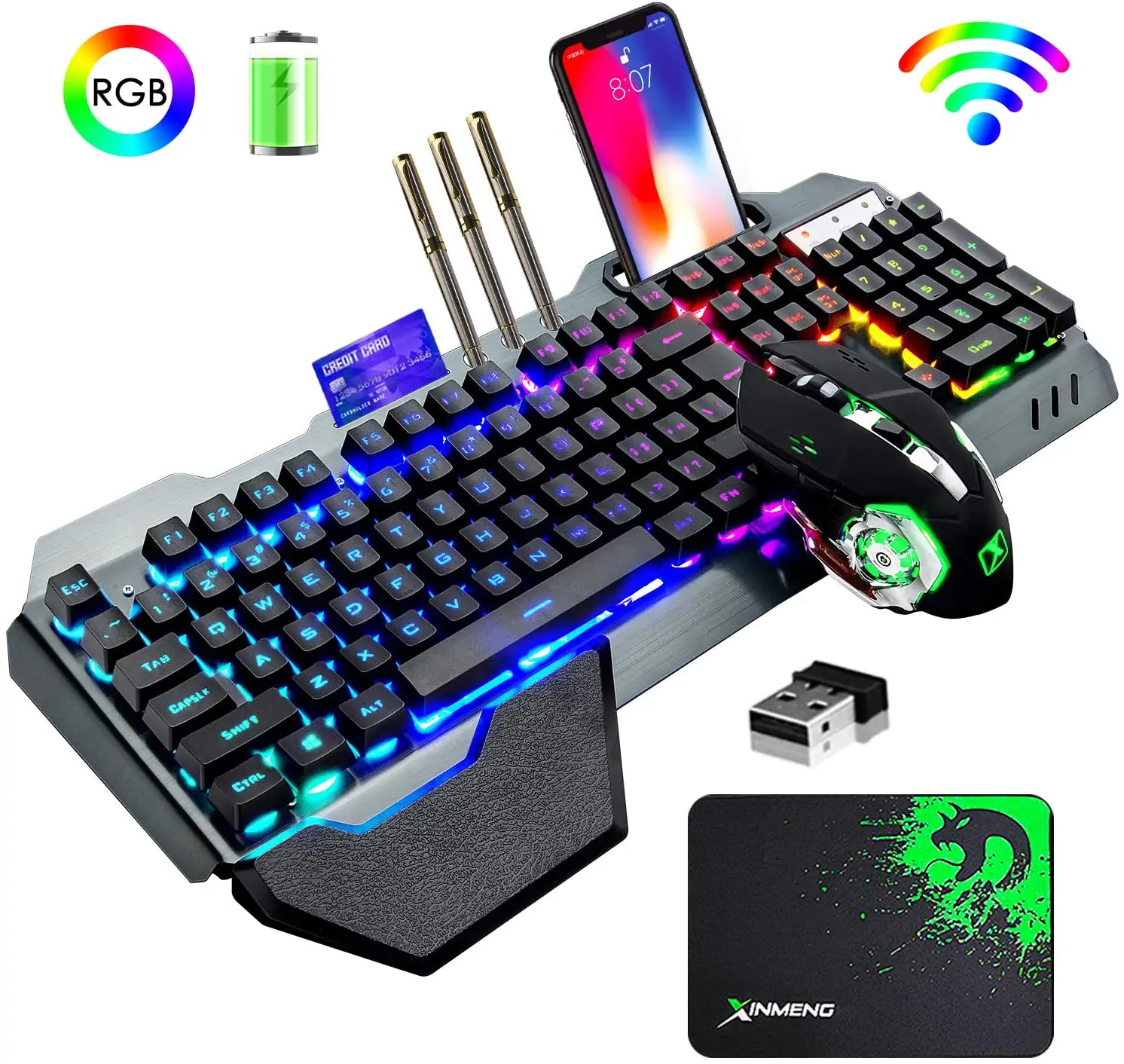 K680 Wireless Gaming Keyboard and Mouse Combo,Rainbow LED Backlit Keyboard with Rechargeable 3800mAh Battery Metal Panel