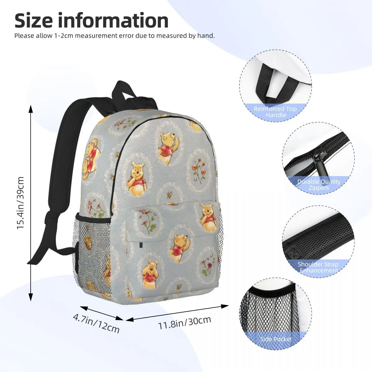 Pooh Bear 15-Inch Waterproof Backpack - Lightweight Travel Bag with Multiple Pockets for Organization