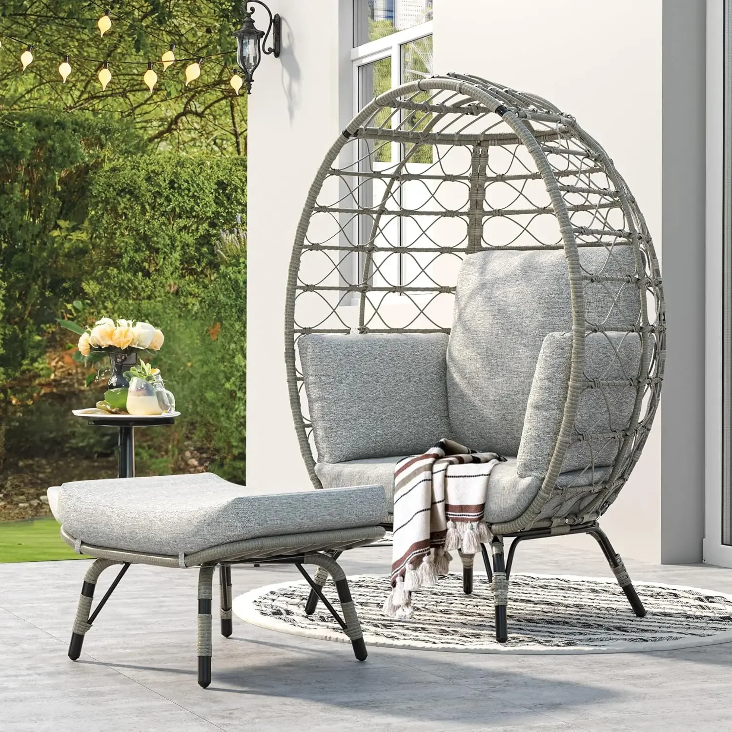 Outdoor Egg Chair with Ottoman  Cushion Rattan  Wicker Chair PE for Patio, Garden, Backyard, Porch