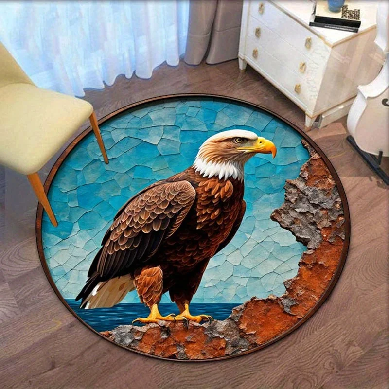 Eagle rocky cliff round rug wildlife bird of prey nature themed crystal velvet carpet living room floor mat outdoor style