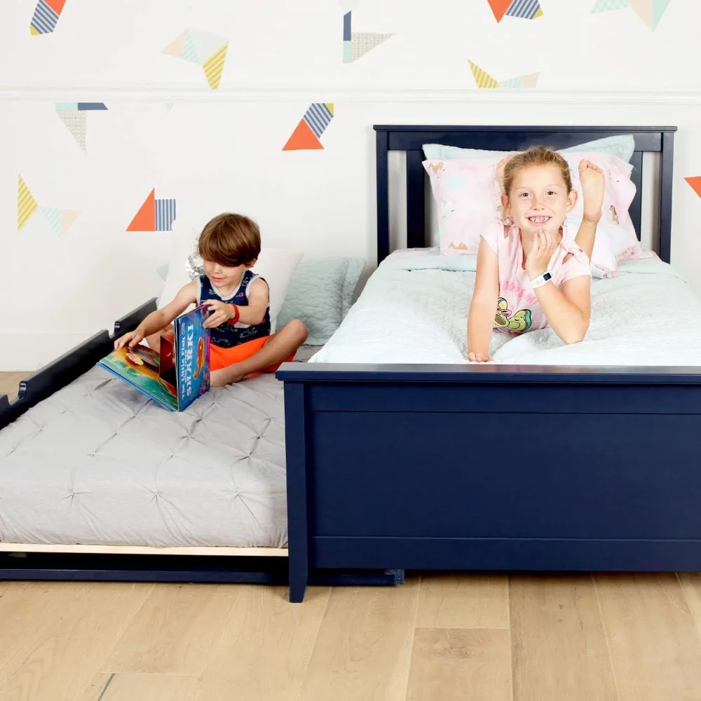 Doppelbett, Holzbett rahmen mit Kopfteil für Kinder mit Rollbett, Lattenrost, blau