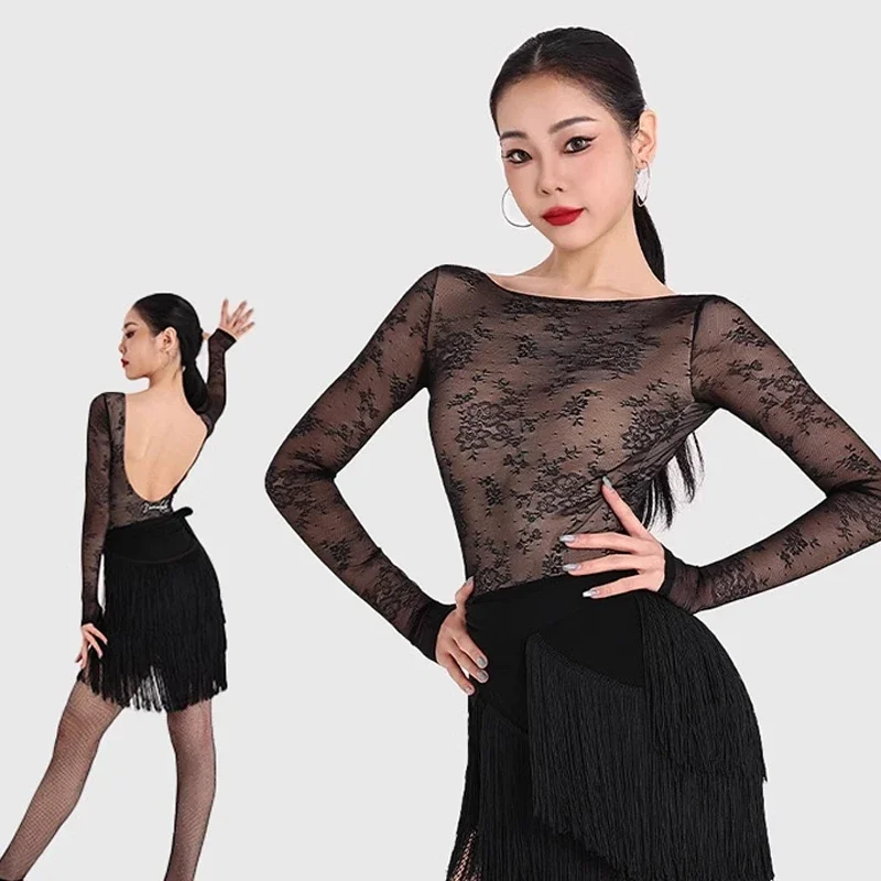 

2025 Adults Chacha Latin Dance Competition Costume Women Latin Dance Clothes Sexy Backless Latin Top Fringed Skirt