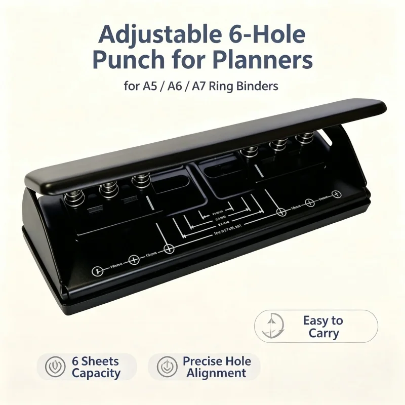 6 Hole Adjustable Paper Punch Portable Manual Hole Puncher for A5 A6 A7 Planner Ring Notebook Office Binding Stationery
