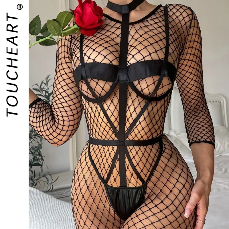 Toucheart Sexy Lingerie For Women Fishnet Stockings Hollow Breasts Sexy Charming Stockings Temptation See-Through Jumpsuit Set